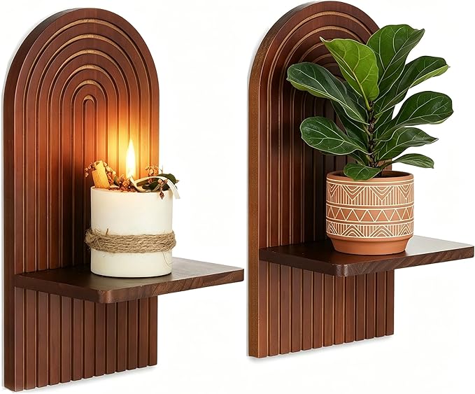 Mid Century Modern Candle Sconces: Set of 2 Walnut Boho Wall Candle Holder Decor for Living Room Fireplace - Arch Candle Shelf for Plants Pillars Candles