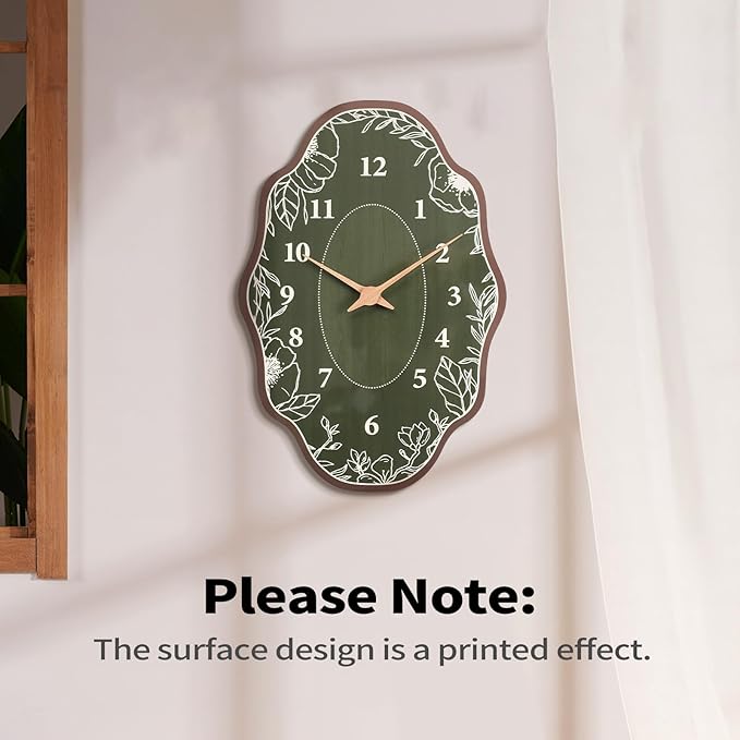 Mid Century Retro Irregular Shape Wall Clock, Silent Non-Ticking Battery Operated, 14 x 9 Inch Vintage Boho Green Art Clock for Living Room, Bedroom, Entryway, Mantel Decor