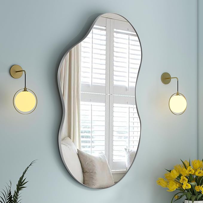 SHYFOY Decorative Wall Mirror Irregular, 36"x20" Silver Asymmetrical Mirror with Metal Frame for Wall Decor Bathroom Livi Curvy Abstract Wall Decor,