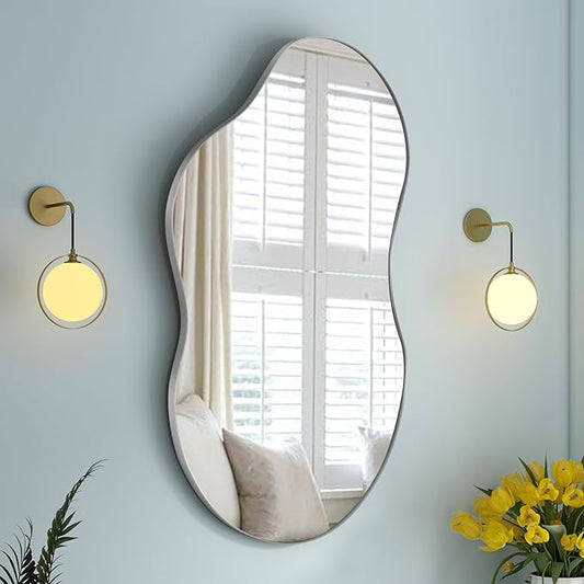 SHYFOY Decorative Wall Mirror Irregular, 36"x20" Silver Asymmetrical Mirror with Metal Frame for Wall Decor Bathroom Livi Curvy Abstract Wall Decor,
