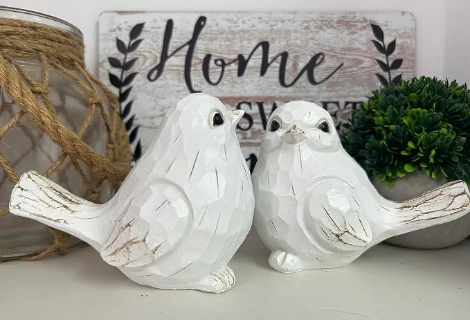 Set of 2 White Bird Decor for Home Decor, Farmhouse Bird Decor Bird Statue Sculpture - Decorative Carved Rustic Distressed Animal Bird Decor Ornaments - Collectible Bird Figurine | Spring