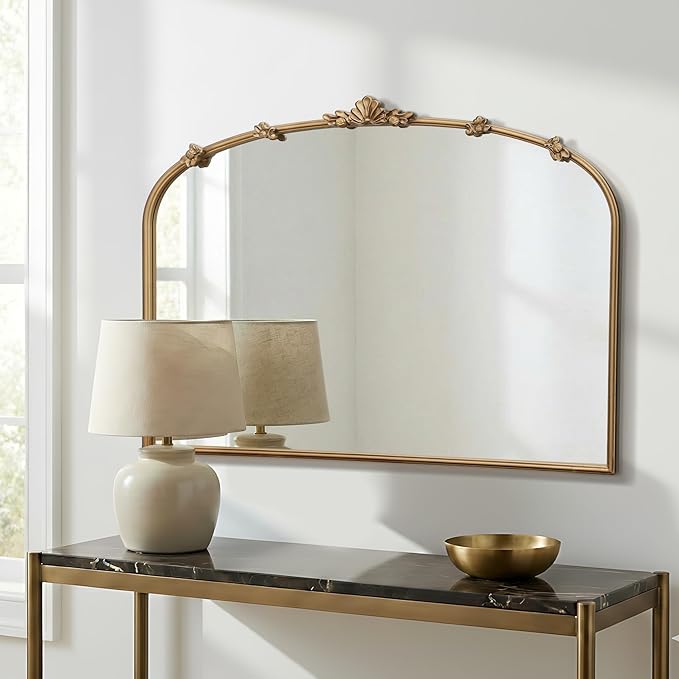 Besdomus Large Vintage Gold Mirror: 40"x30" Traditional Ornate Arched Mirror - French Baroque Antique Mirrors for Wall/Mantel/Bedroom/Entryway/Bathroom/Hallway - Home Decor for Fashion-Conscious