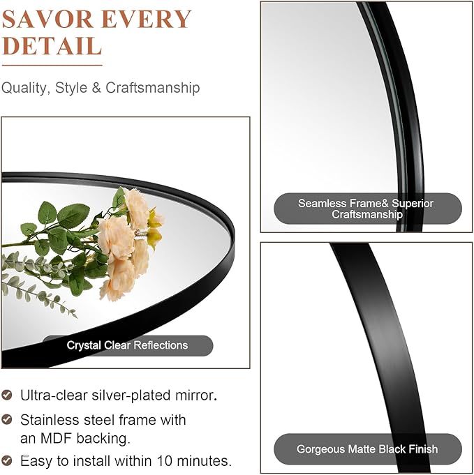ANDY STAR 30x40 Inch Arched Wall Mirror, Stainless Steel Frame Metal Frame with Black Finish, Large Arch Mirror Perfect for Bathroom, Vanity, Living Room