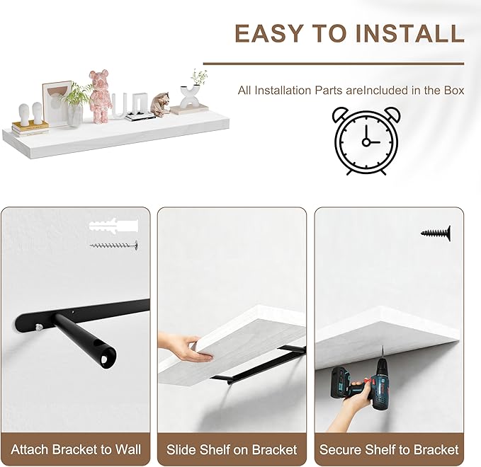 Floating Shelves for Wall, 12x60 Inch Extra Long White Wood Wall Mounted Shelves, Set of 2 with Invisible Brackets for Living Room, Bedroom, Kitchen, Modern Farmhouse Decor