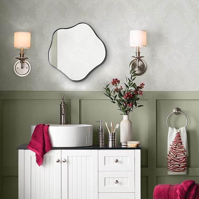 Irregular Round Mirror, 16" Scalloped Mirror for Over Sink, Asymmetrical Wall Mirrors Decorative, Modern Wavy Circle Mirrors for Living Room Bathroom Bedroom Hallway Entryway Fireplace