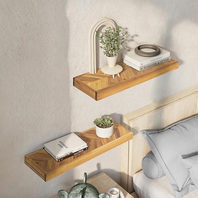24" Acacia Chevron Floating Shelves Set of 2 - Wall Mounted Wooden Shelf for Stylish Home Décor - Natural Color - 24x6.7x1.5 Inches