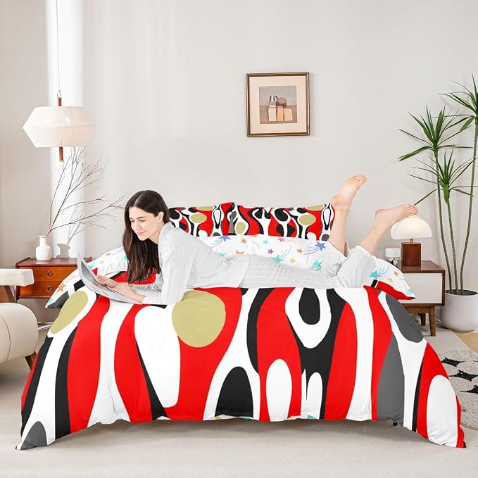 Erosebridal Mid Century Modern Abstract Duvet Cover Set Vintage Geometric King Bedding Set for Adult Men Contemporary Organic Shapes Comforter Cover Squiggle Blob Bed Sets,Red Beige
