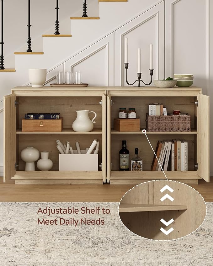1pcs Sideboard Cabinet Buffet Cabinet with Storage with Adjustable Shelves and Handle-Free Design Suitable for Kitchens,Hallway,and Living Rooms Light Oak