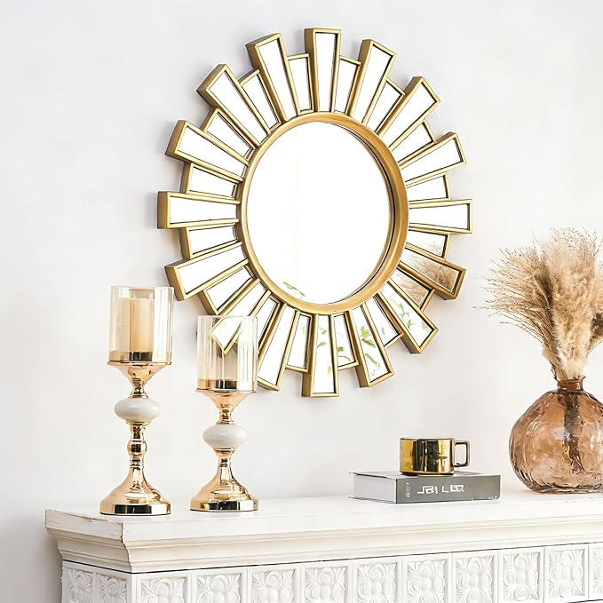 Gold Sunburst Mirrors for Wall Decor,24" Large Sun Mirror,Starburst Mirror for Living Room, Fireplace,Bedroom, Entryway