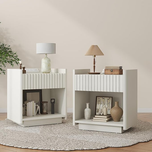 Bigbiglife Fluted Nightstand Set of 2 with Charging Station, 22" Modern Side Table with Drawer End Table with Open Storage, Bedside Table for Bedroom, Living Room, Natural Oak (2, Off White)