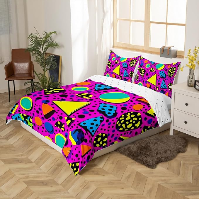Memphis Duvet Cover Sets Vintage Yellow Purple Bedding Set Retro Memphis Style Pattern with Geometrical Shapes Comforter Cover Round Triangle Artwork King Size Colorful 1990S Memphis Home Decor