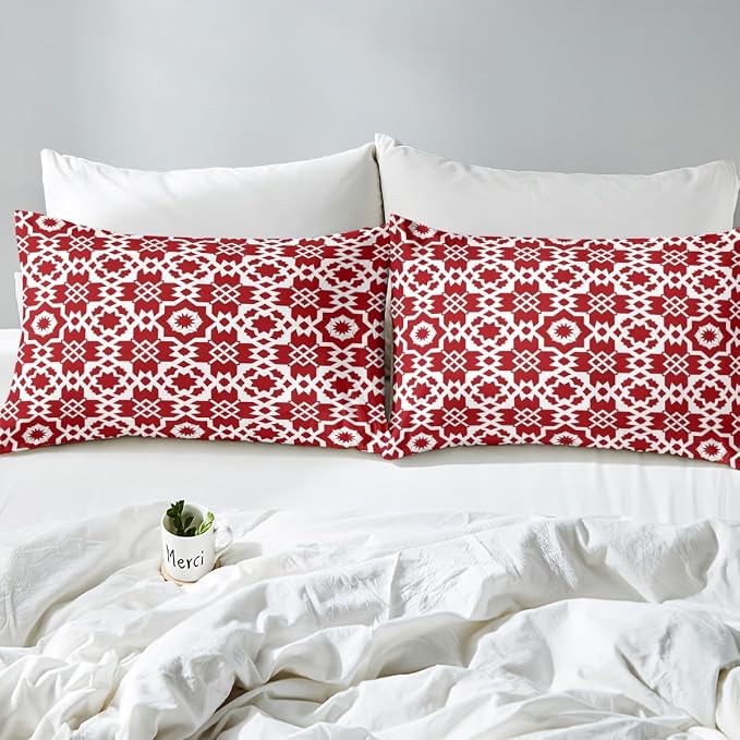 Erosebridal Red Geometric Floral Comforter Cover Full for Kids Boys Girls,Elegant Retro Floral Duvet Cover,Abstract Flower Art Bedding Set,Modern Aesthetic Bed Set with 2 Pillowcases Bedroom Decor