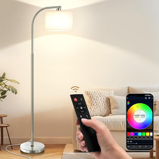 Floor Lamp for Living Room with Remote,Dimmable Standing Lamps,Modern Tall Floor Light with Smart RGB Bulb,App Control,3 Color Temperatures,Fabric Shades,Silver Floor Lamp for Bedroom Corner