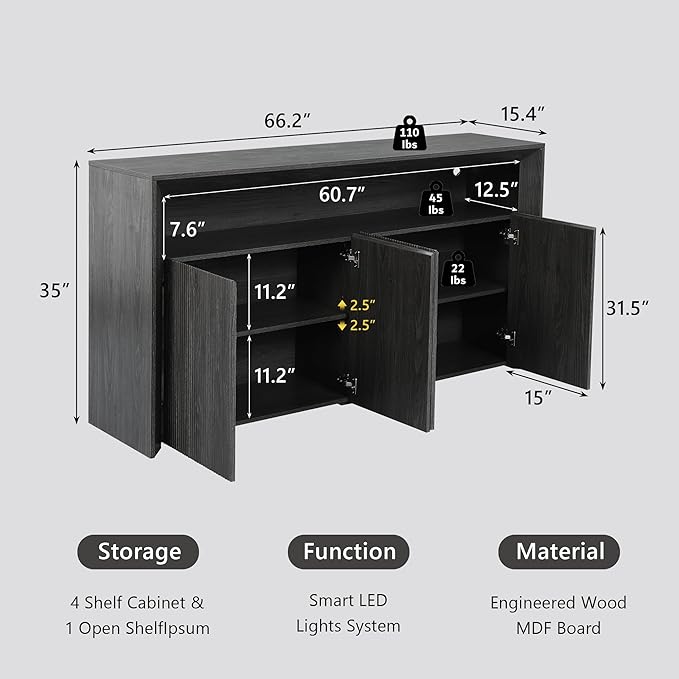 66.2" Buffet Cabinet with Storage and led Lights,Modern Sideboard Cabinet with 4 Doors & Shelves,Fluted Media Console Mid Century Coffee Bar Table for Living Room Kitchen Dining Room Hallway,Dark Grey