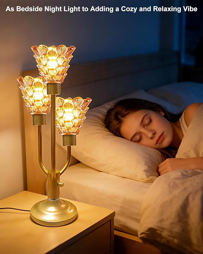 Lightdot Mid Century Modern Table Lamp for Living Room Dimmable Nightstand Lamp Vintage Gold Desk Lamp Amber Glass 3 Bulbs Included Warmwhite Ambient Bedside Lamps for Bedroom Home Office Decor Gift