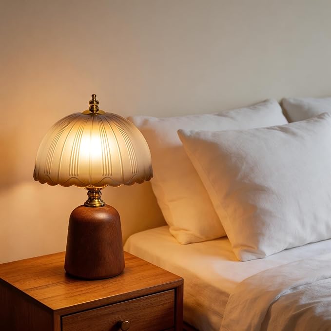 13 inch Decorative Wooden Mid-Century Modern Small Table Lamp, Vintage Amber Glass Shade, Solid Wood Base, Dimmable Bedside Lamp for Bedroom Living Room, Aesthetic Home Decor, E26 Bulb Included