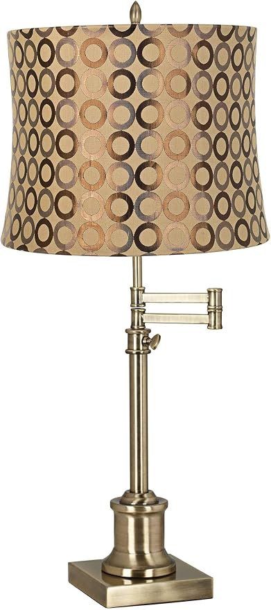 360 Lighting Westbury Traditional Swing Arm Desk Table Lamp Adjustable Height 36" Tall Antique Brass Copper Circles Drum Shade for Living Room Bedroom House Bedside Nightstand Home Office