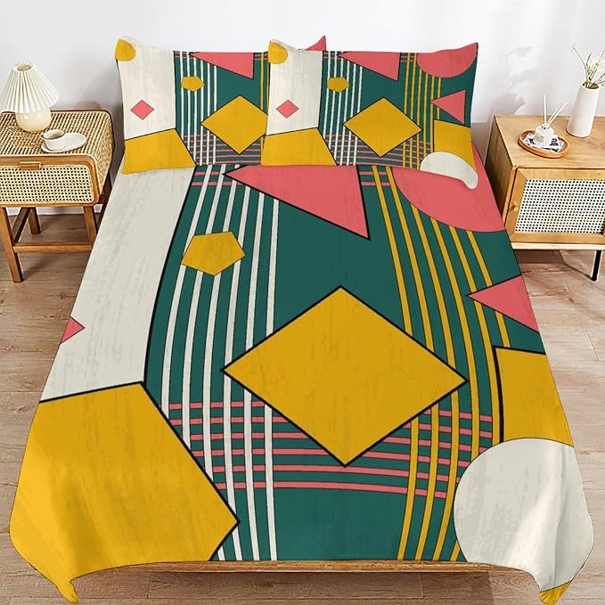 Colorful Aesthetic Comforter Cover Geometry Bed Set, Retro Atomic Duvet Cover，Modern Mid Century Bedding Sets，Aesthetic Abstract Art Bedding 3 Piece (1 Duvet Cover 79"x90" + 2 Pillow Sham 20"x30")