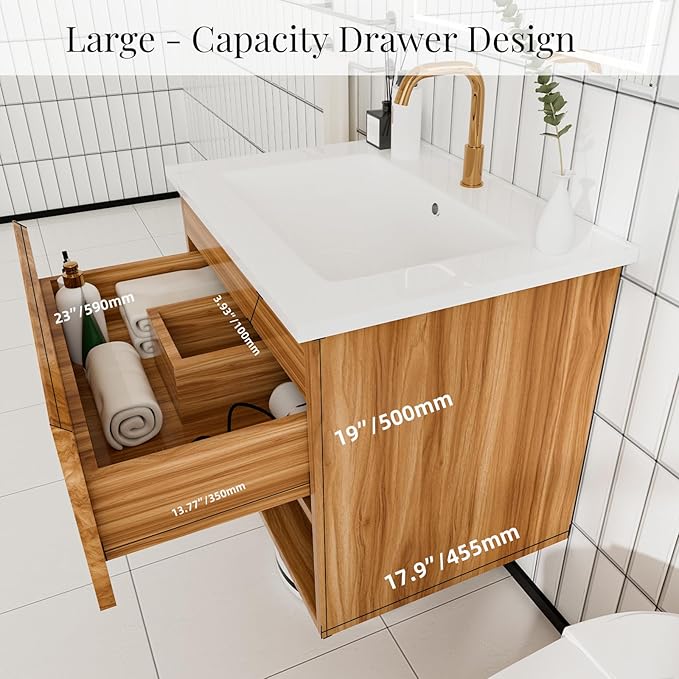 24 Inch Floating Bathroom Vanity with Sink, Modern Wall Mounted Bath Cabinet with Ceramic Top, Soft-Close Drawer & Open Shelf (Red Walnut/White Sink)