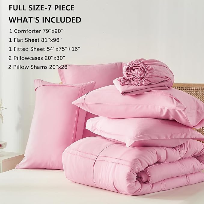 Yogeneg Full Size Comforter Set 7 Piece Bed in a Bag,Grid Pinch Pleat Pink Bedding Set,Striped Textured Soft Microfiber Comforter with Sheet Set,All Season Complete Bed Set(Pink,Full)