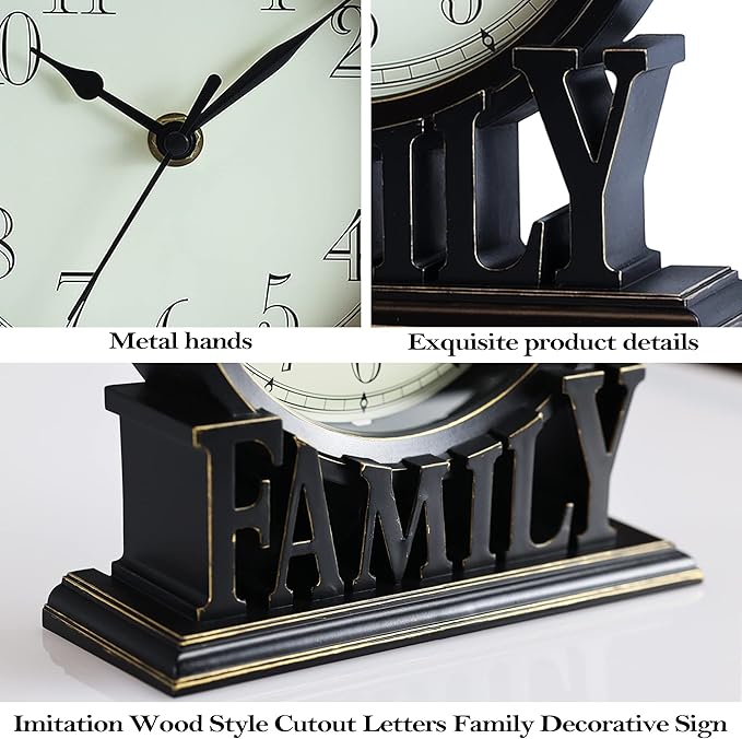 AYRELY® 6.5-Inches Table Clock, Vintage Family Non-Ticking Desk Clock, Retro Mantel Clocks for Living Room, Bedroom, Shelf, Fireplace, Farmhouse Décor (Black)