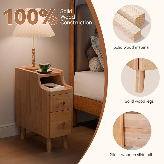 Narrow Nightstand Set of 2, 19.7" H Pre-Assembled Solid Wood Small Skinny Night Stand with Drawers, Open Sliding Shelf, Mid Century Modern Slim Bedside Table for Bedroom, End Side Table, Natural Oak