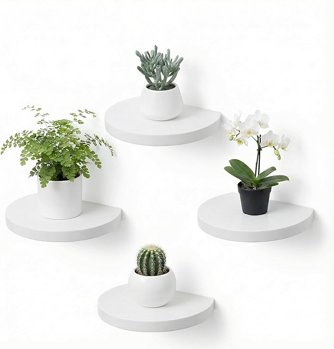 Small Wood Floating Shelves (4-Pack, 6-inch Diameter) - Round Sturdy Invisible Wall Mount Display for Small Plants,Toys,Bathroom,Living Room Storage & Modern Rustic Décor (White)