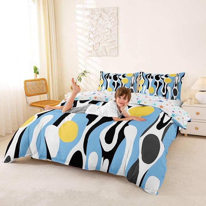 Erosebridal Mid Century Modern Abstract Duvet Cover Set Vintage Geometric Full Size Bedding Sets for Teenage Boys Contemporary Organic Shapes Comforter Cover Squiggle Blob Bed Set,Blue Yellow