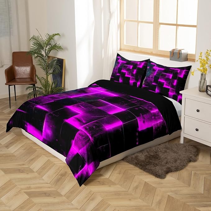 Erosebridal 3D Geometric Bedding Sets King Abstract Aesthetic Comforter Cover, Black and Purple Bed Set Glowing Futuristic Cubes King Duvet Cover, Neon Grid Quilt Cover 3-Piece (Black Reversible)