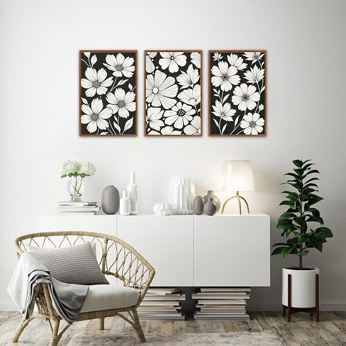 HLNIUC Abstract Black and White Framed Canvas Wall Art,White Flower Plant Poster,Modern Minimalist Floral Painting,Daisy Floral Canvas Art Print for Living Room Bedroom Office-16 x24 x3