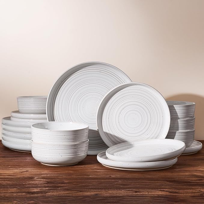 Plates and Bowls Sets for 6 (18-Piece) Stoneware Reactive Glaze Dinnerware with Speckles & Spirals, Chip and Scratch Resistant Flared Dishes Set with Gift Box, Microwave Dishwasher Safe, White