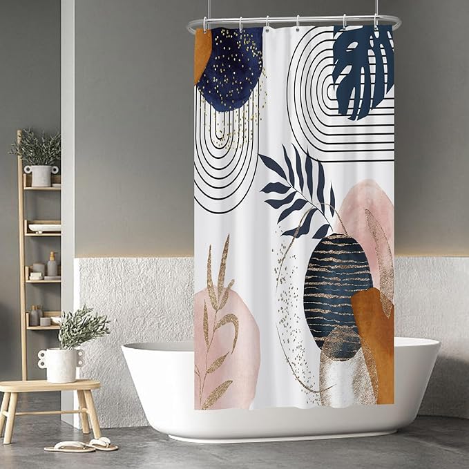 Baocicco Boho Shower Curtain Mid Century Navy Blue Gold Plant Leaves Modern Abstract Minimalist Shower Curtains Decorative for Bathroom Waterproof Fabric Shower Curtain with Hooks 36x72 Inches