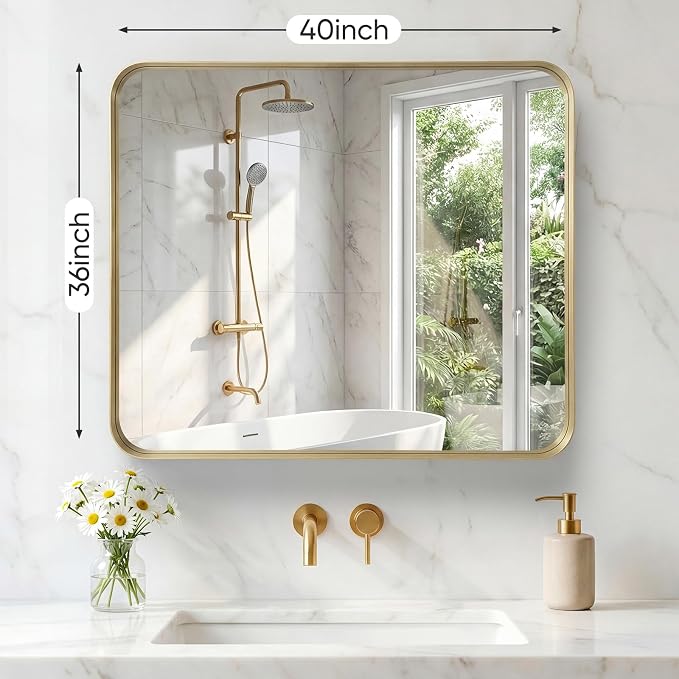 NEWBULIG 36X40 Inch Bathroom Mirror for Over Sink, Wall Vanity Mirrors Tempered Glass, Anti-Rust Metal Framed Rounded Rectangle, Hangs Horizontally or Vertically, Farmhouse Home Decor, Gold