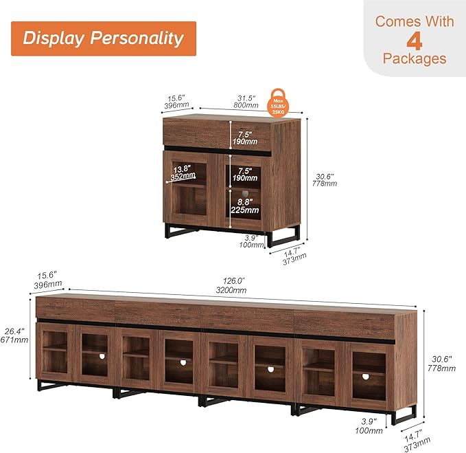 WAMPAT 4 in 1 Multifunctional Sideboard Buffet Cabinets with 8 Glass Doors and 4 Drawers, Modern Sideboard Credenza with Metal Base, Coffee Bar Storage Cabinet for Living Room, Kitchen, Brown