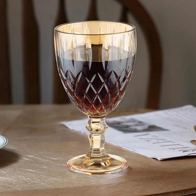24 Pcs Vintage Wine Glasses, 11 Ounces Colored Glass Water Goblets, Colorful Unique Embossed Pattern High Clear Stemmed Glassware Wedding Party Bar Glass Drinking Cups Amber Fancy Glasses Set of 24