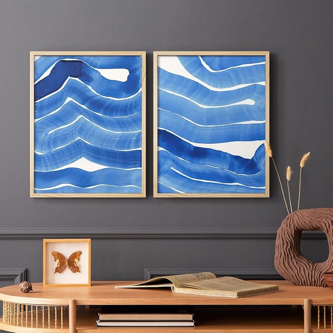 Renditions Gallery Set of 2 Peel & Stick Framed Prints, Watercolor Abstract Wall Art, Bold Brushstrokes in Shades of Blue Wall Decor, Re-Stickable - Ready to Hang - 8"x10" - NATURAL WOOD Frame LT588
