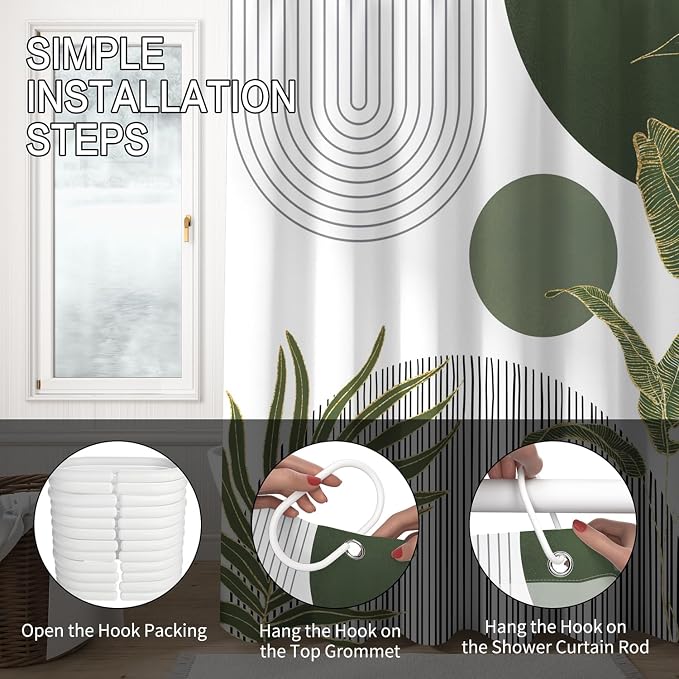 Mid Century Boho Shower Curtain, Abstract Modern Sun Minimalist Aesthetic Shower Curtain, Bohemian Geometric Arch Curve Leaves Neutral Art Fabric Bathroom Curtain Sage Green 72x72 inch