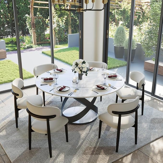 POVISON 59" Modern Dining Table, Glossy White Round Dining Table for 6, Sintered Stone Dining Tabletop with Black X Carbon Steel Base (Table Only)