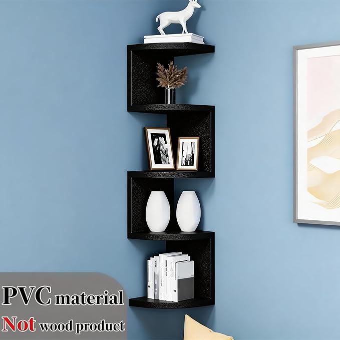 No-Drill Corner Shelf Wall Mount, 5-Tier Floating Corner Bookshelf with Hooks, Space-Saving Zigzag Plant Shelf for Bedroom, Living Room, Bathroom, Home Office（Black）