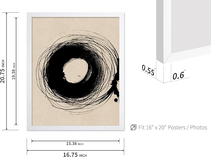 Poster Master Handmade Circle Drawing Poster - Ink Brush Print - Drawing Art - Sketch Design - Abstract Illustration - Great Bedroom or Living Room Wall Decor - 16x20 White Framed