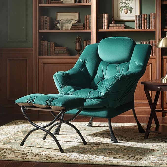 Tiita Lazy Chair with Ottoman, Green Modern Large Accent Chair, Comfy Leisure Sofa Armchair with Ottoman, Reading Chair with Footrest for Bedroom, Living Room, Dorm Rooms, Velvet Green