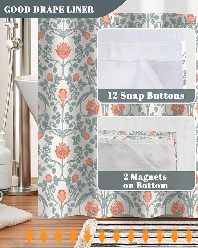 No Hook Shower Curtain with Snap in Liner Set - Vintage Coral Floral & Botanical Pattern Shower Curtains for Cottagecore Farmhouse Bathroom, Mesh Top Waterproof Bath Tub Curtain, 71Wx74H
