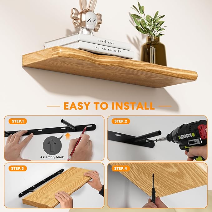 Floating Shelves for Wall Rustic Farmhouse 36 Inch Floating Shelf Bathroom Wooden Shelves for Wall Mounted Live Edge Pine Shelf with Unique Natural Grain for Living Room Bedroom Kitchen (Natural)