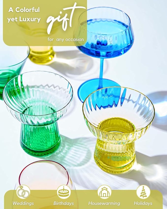 Colored Ribbed Highball Glasses Set of 4, Vintage Iced Tea Glassware, Tall Collins Glasses for Mojitos, Water, or Cocktails, Lightweight Lead-Free Crystal Drinkware (Style 3)