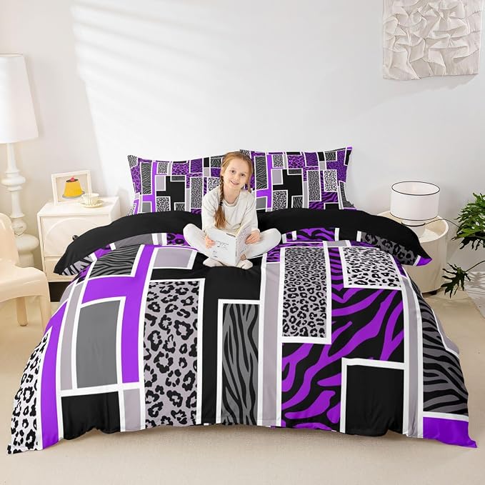Erosebridal Leopard Print Comforter Cover King Zebra Skin Texture Geometric Patchwork Bedding Set Purple Black Square Stripes Duvet Cover for Kids Teen Adults,Rustic Farmhouse Animal Bed Set