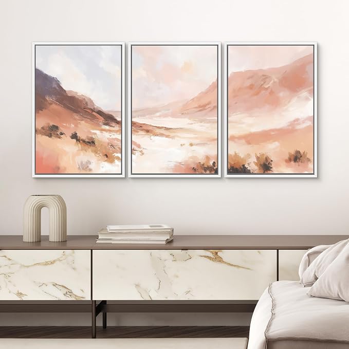 SIGNWIN Framed Canvas Print Wall Art Set Warm Blush Desert Canyon Abstract Landscape Illustrations Modern Art Decorative Chic Calm/Zen for Living Room, Bedroom, Office - 24"x36"x3 WHITE