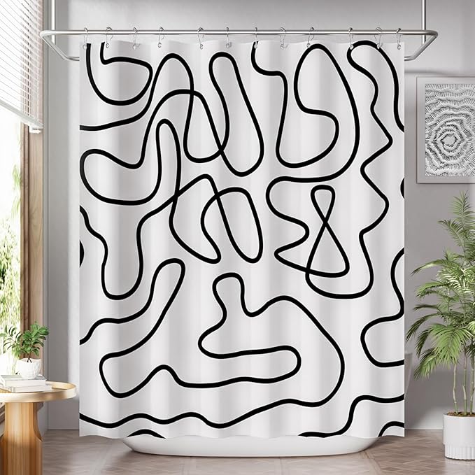 AmazerBath Shower Curtain, Washable Cloth Black and White Shower Curtain Sets with 12 Metal Shower Curtain Hooks, Rustic Abstract Black Lines Art Fabric Shower Curtains for Bathroom Decor, 72x72 Inch