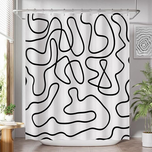 AmazerBath Shower Curtain, Washable Cloth Black and White Shower Curtain Sets with 12 Metal Shower Curtain Hooks, Rustic Abstract Black Lines Art Fabric Shower Curtains for Bathroom Decor, 72x72 Inch