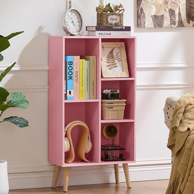 LEYAOYAO 5 Cube Bookshelf 3-Tier Bookcase with Legs,Mint Light Pink Kids Book Shelf Cute Storage Organizer,Free Standing Open Toy Shelves Wood Bookshelves,Display Bookcases for Bedroom,Living Room
