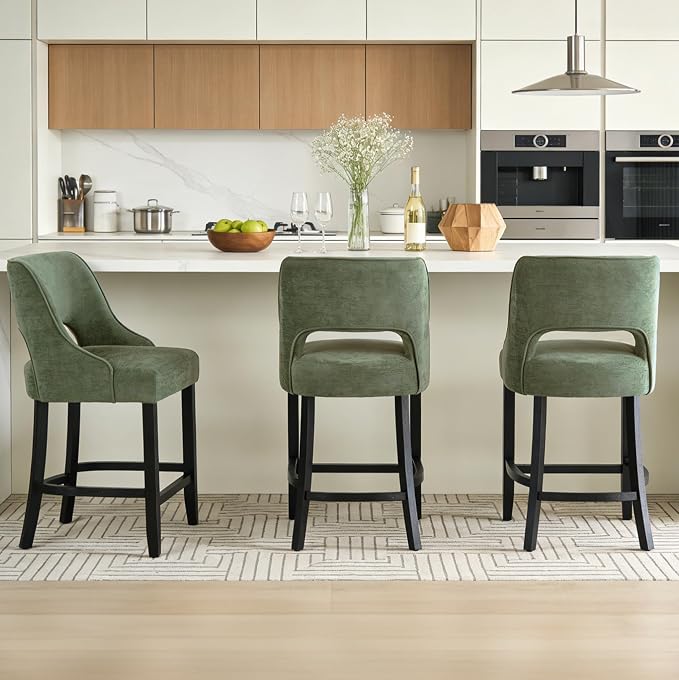 ClinQ Bar Stools Set of 2, 26" H Counter Height Bar Stools with Backs, Modern Upholstered Accent Barstools with Curved Footrest for Kitchen Island, Dining Room and Bar, Green-Black Legs